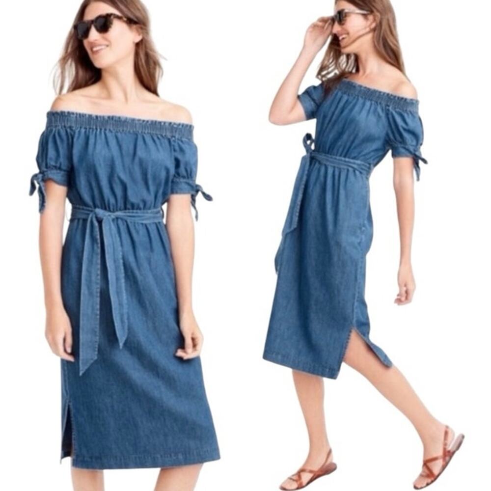J.Crew Chambray Denim Dress Cotton Nautical Preppy Midi Knee Length Size 4